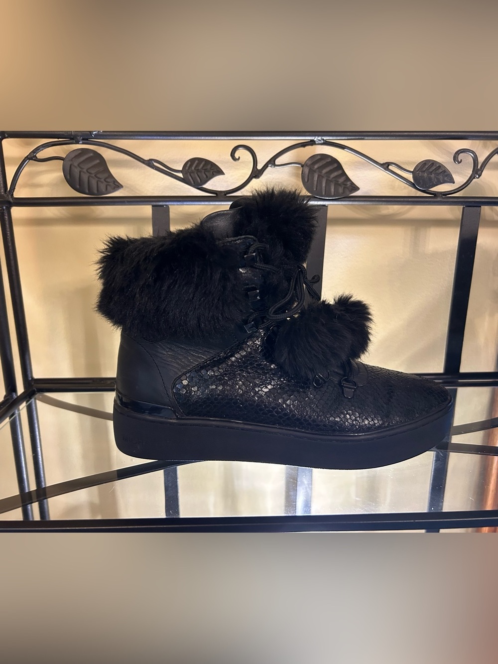 Michael Kors Black Faux Fur-Trim Lace-Up Winter Boot